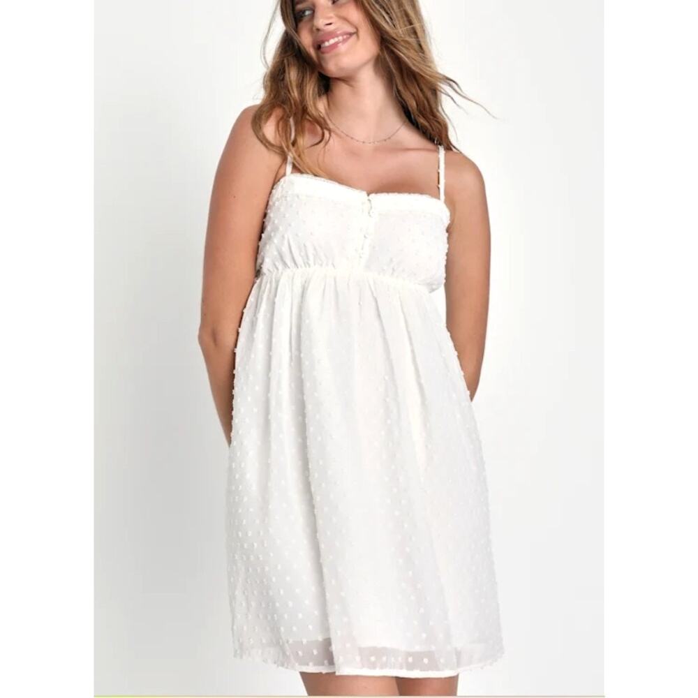 Lulus White Babydoll Mini Dress Swiss Dots NWT Small Essential Sweetness Y2K